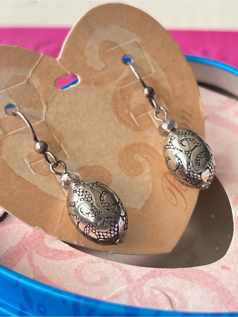 Brighton Life's Journey earrings,  w/a detailed silver-plated etched oval design